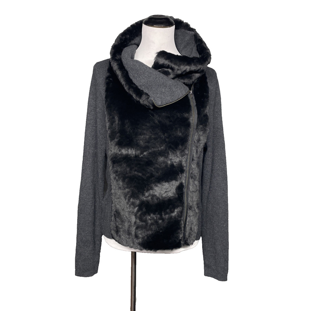 LOFT Faux Fur Sweater Jacket Womens L Gray Asymmetrical Zip Rabbit Hair Blend